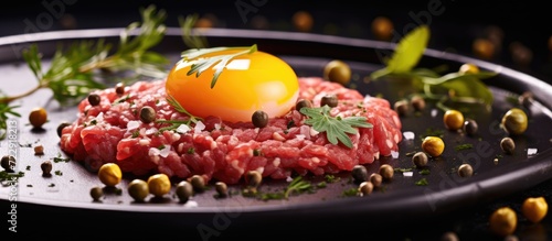 Gourmet tartar raw from beef fillet with yellow of the egg and gherkin with capers and onion as closeup on a modern design plate. Creative Banner. Copyspace image