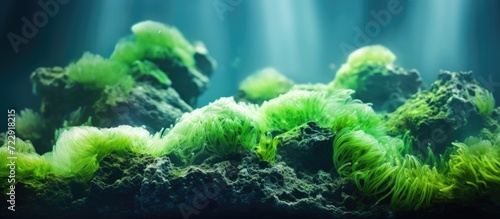 Green cyanobacteria attached on the rock in reef aquarium tank. Creative Banner. Copyspace image photo