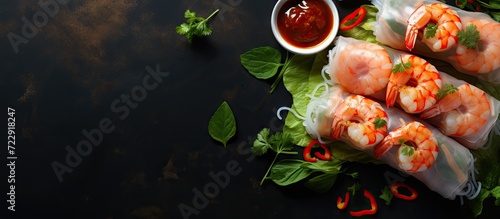 Fresh spring rolls with shrimp in rice paper Rice paper rolls with shrimp rice noodles mango lettuce and sauce. Creative Banner. Copyspace image