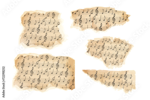 Parchment piece of paper with old music melody, song scrapbook sheet isolated on white background, design element, frame.