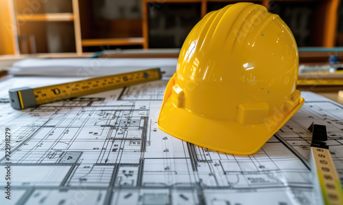 Materials Construction.Site planning on the Interior Desk. Safety Helmet on the desk of Interior Design.