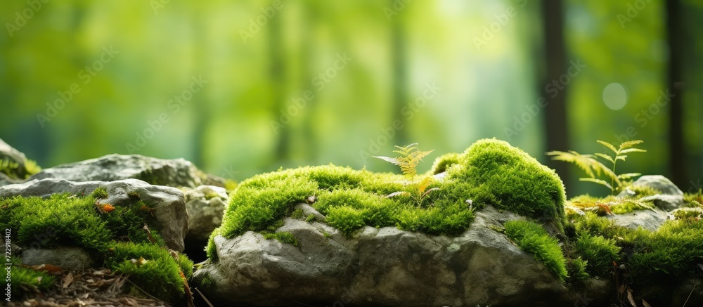 Green moss grows on rocks and trees selective focus. Creative Banner. Copyspace image Green moss grows on rocks and trees selective focus. Creative Banner. Copyspace image