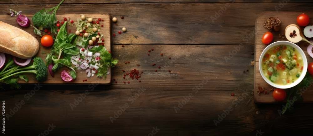 homemade vegetarian lunch green bean soup with vegetables on wooden table top view. Creative Banner. Copyspace image