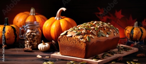 Homemade Dark Diet Autumn Bread Pumpkin Whole Grain Bread Home Baked Bio Ingredients Healthy Nutrition with Mixed Seeds and Nuts. Creative Banner. Copyspace image