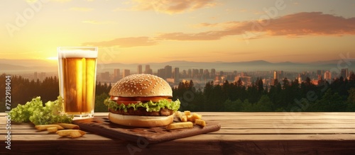 Hamburger Cheeseburger meal fastfood fast food with cola drink and French Fries on a wooden board panorama menu. Creative Banner. Copyspace image