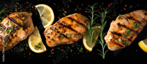 Grilled chicken breasts with thyme garlic and lemon slices on a grill pan close up top view. Creative Banner. Copyspace image