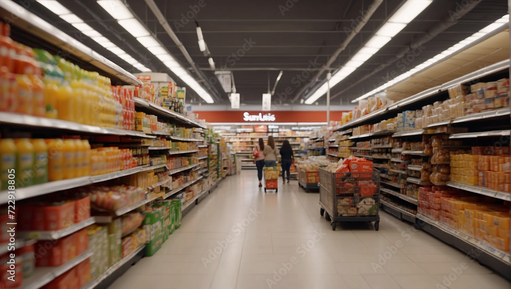 In a huge food superstore. Unrecognizable people while shopping in a supermarket. Showcases with a variety of products, a huge selection of products in a hypermarket. Provision store, market