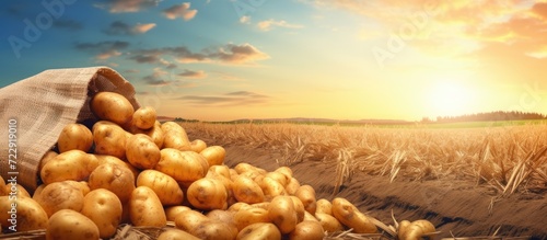 fresh organic potatoes in the field harvesting potatoes from soil. Creative Banner. Copyspace image