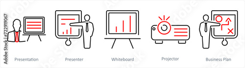 A set of 5 Business Presentation icons as presentation, presenter, white board