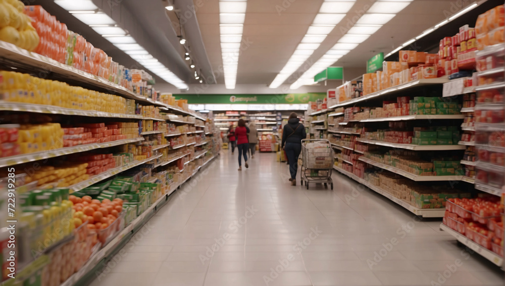 Shelves with food products in store. People make purchases in food hypermarket. In process of shopping in market, people choose, buy variety of products while enjoying selection in huge superstore