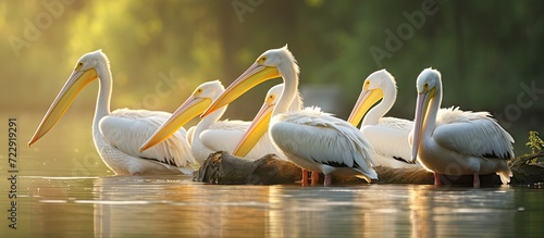 Great white pelicans in natural habitat Pelecanus onocrotalus Danube Delta Romania. Creative Banner. Copyspace image