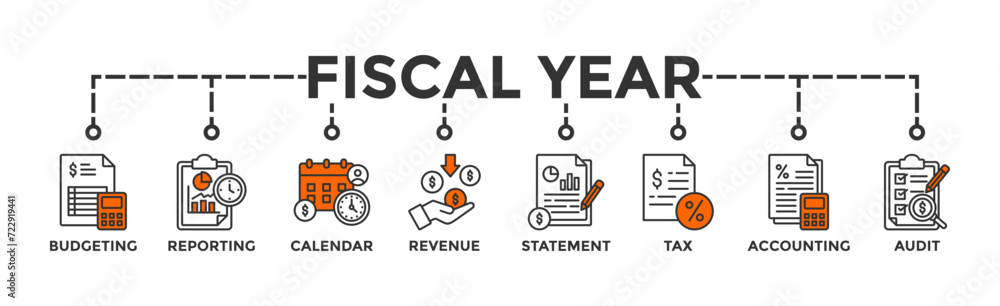 Fiscal year banner web icon vector illustration concept with icon of budgeting, reporting, calendar, revenue, statement, tax, accounting, audit Fiscal year banner web icon vector illustration concept with icon of budgeting, reporting, calendar, revenue, statement, tax, accounting, audit