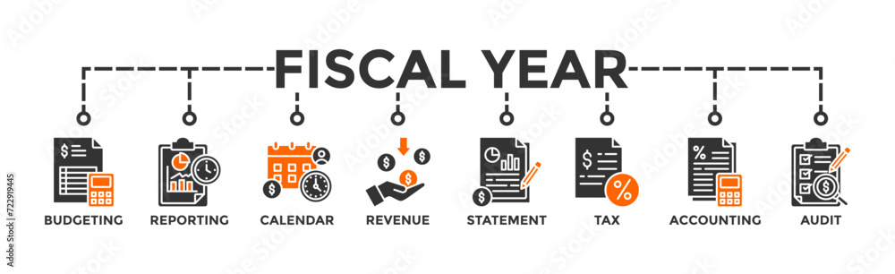 Fiscal year banner web icon vector illustration concept with icon of budgeting, reporting, calendar, revenue, statement, tax, accounting, audit Fiscal year banner web icon vector illustration concept with icon of budgeting, reporting, calendar, revenue, statement, tax, accounting, audit