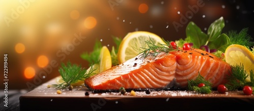 Grilled Salmon with fresh salad and lemon Selective focus. Creative Banner. Copyspace image