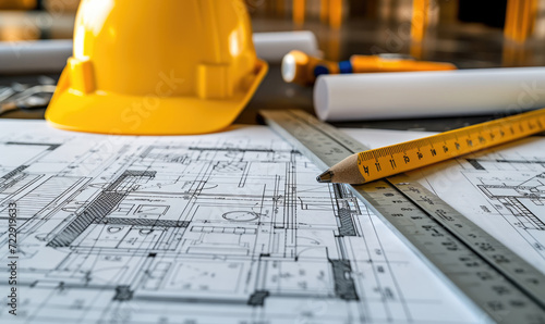 Materials Construction.Site planning on the Interior Desk. Safety Helmet on the desk of Interior Design.