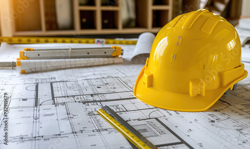 Materials Construction.Site planning on the Interior Desk. Safety Helmet on the desk of Interior Design.