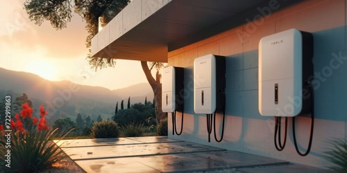battery packs alternative electric energy storage system at home garage wall as backup or sustainable energy concepts - Generative AI