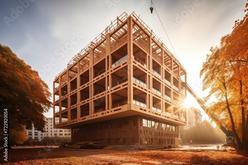 Wooden building module is raised by a crane and Modular wood construction will be used to build the new building , morning light