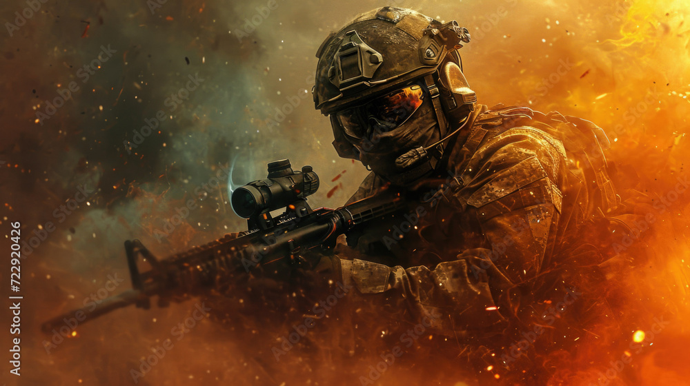 An army soldier in a military camouflage uniform, a helmet and a mask, holds a rifle and aims, in the smoke An army soldier in a military camouflage uniform, a helmet and a mask, holds a rifle and aims, in the smoke