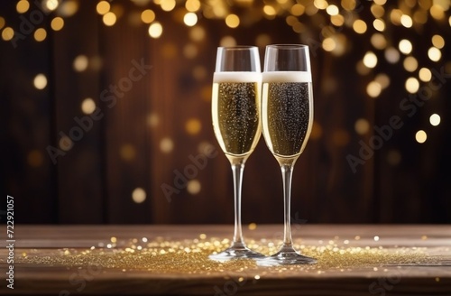 Two glasses of champagne over blur spots lights background. Celebration concept, free space for text