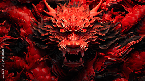 Red dragon head, devil skull, tiger skull, fire, illustration, flames, design, skull, art, black, red, decoration, head, hot, symbol, pattern. Chinese New Year festive design. Decorations background