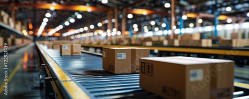 conveyor belt in a distribution warehouse with row of cardboard box packages for e-commerce delivery and automated logistics concepts as wide banner with copysapce area - Generative AI