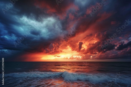 Apocalyptic fiery sky over ocean horizon at dusk