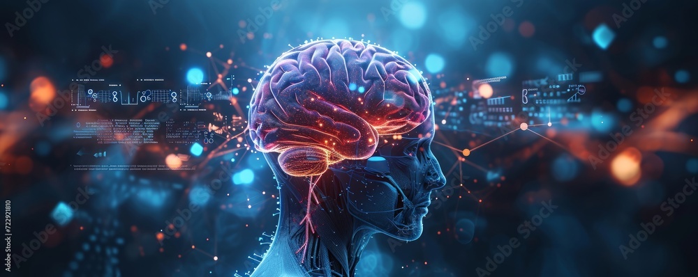 © Lens Legends - futuristic medical research of brain neural nerve system health care with diagnosis infographic biometrics for clinical hospital x-ray and alzheimer treatment,  banner with copyspace, Generative AI