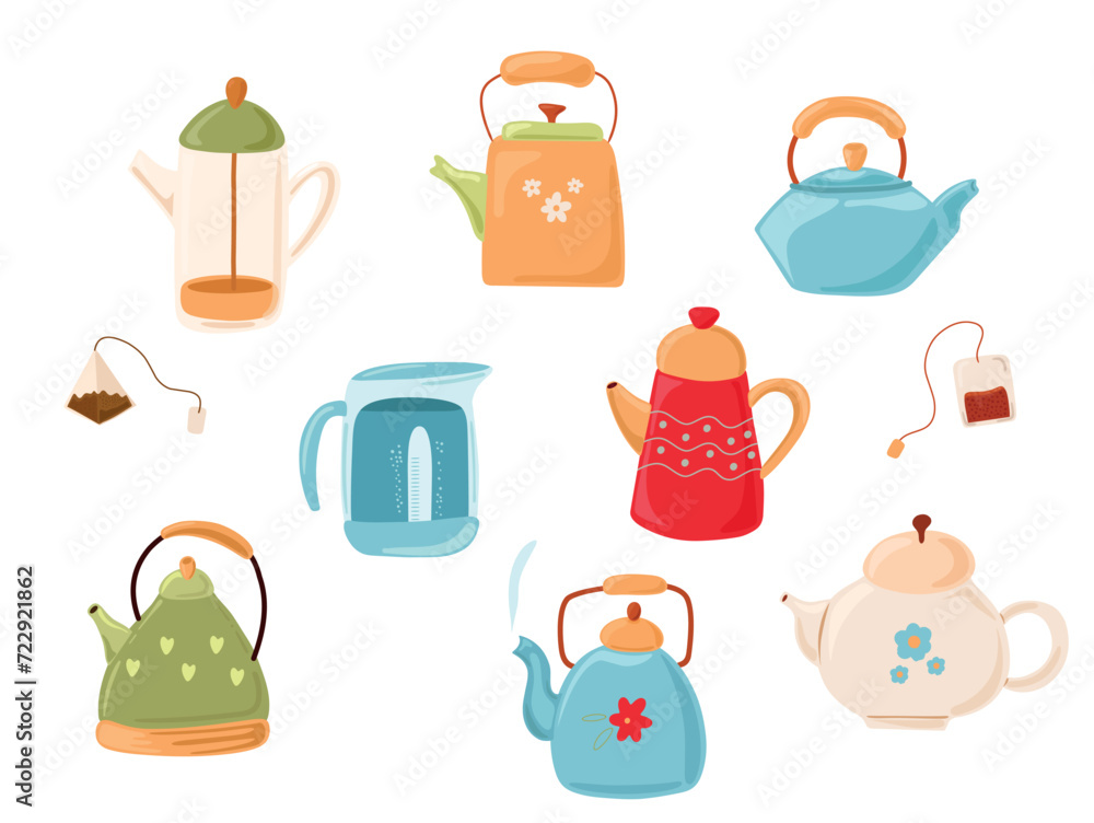 Different hand drawn porcelain, faience, ceramic teapots and kitchen tableware vector illustration. Tea and coffee making set of vintage doodle kettle various shape and size isolated on a white Different hand drawn porcelain, faience, ceramic teapots and kitchen tableware vector illustration. Tea and coffee making set of vintage doodle kettle various shape and size isolated on a white