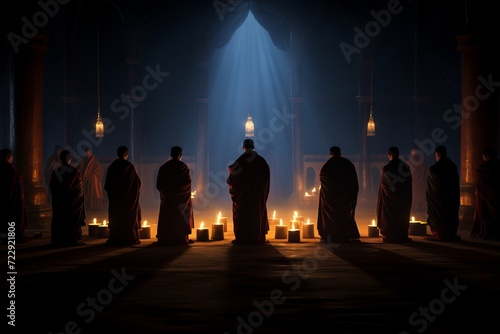 Standing in Harmonious Circle with Glowing Candles. Group of Serene Monks Partaking in Sacred Ritual