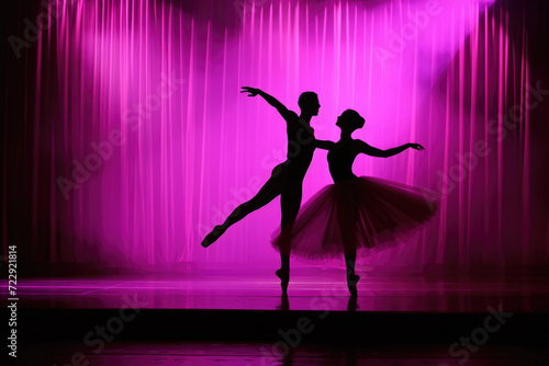 Romantic professional ballet pair looking to each other on dark stage. Young couple dancing in classic dress
