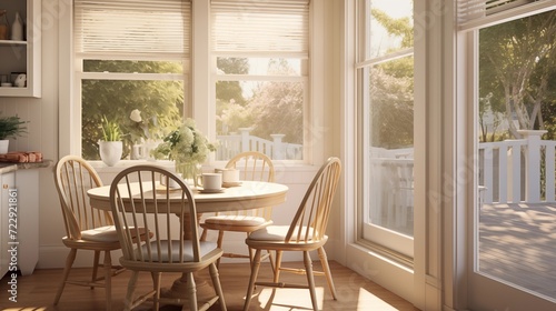 A breakfast nook with a sunlit dining table.