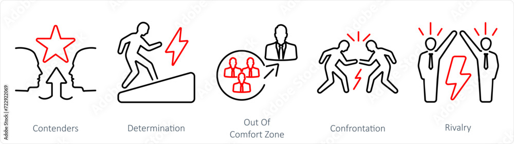A set of 5 Challenge icons as contenders, determination, out of comfort zone A set of 5 Challenge icons as contenders, determination, out of comfort zone