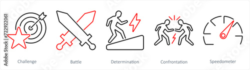 A set of 5 Challenge icons as challenge, battle, determination