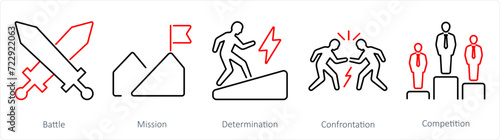 A set of 5 Challenge icons as battle, mission, determination