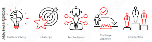 A set of 5 Challenge icons as problem solving, challenge, resolve issues