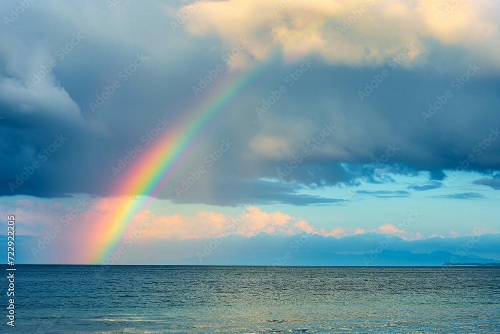 Dusk rainbow concept - Beautiful landscape with multi colored calm sea with rainbow at dusk