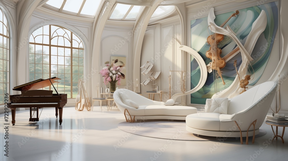 Art Nouveau-inspired music room with flowing lines and organic forms