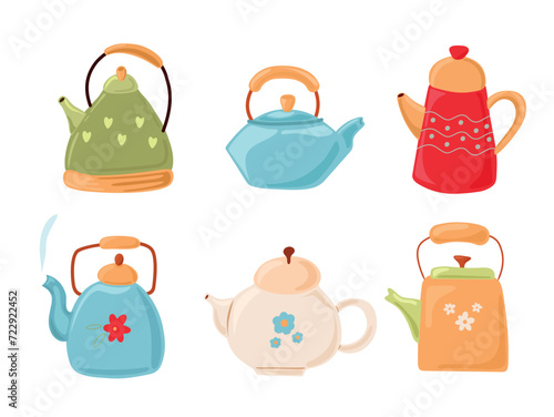 Different hand drawn porcelain, faience, ceramic teapots and kitchen tableware vector illustration. Tea and coffee making set of vintage doodle kettle various shape and size isolated on a white 