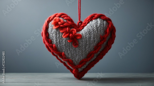 Close-up of a heart knitted from yarn of different colors on a gray-blue background.