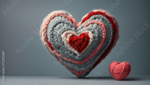 Close-up of a heart knitted from yarn of different colors on a gray-blue background.