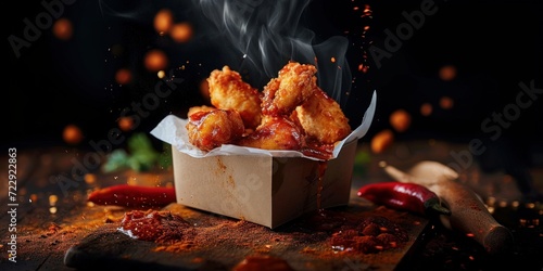 chicken classic nuggets tenders meal in container box ,boneless wings or chicken breast pieces in buffalo barbeque, or spicy sauce flying ingredients and spices food commercial ads, Generative AI photo