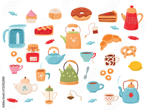 Cups of tea, mugs, desserts, sweets, confectionery and ceramic teapots. Tea drink for breakfast. A kettle for pouring a hot drink. A set of vectors for tea drinking. Cake, pie, bagels, pretzels, lemon