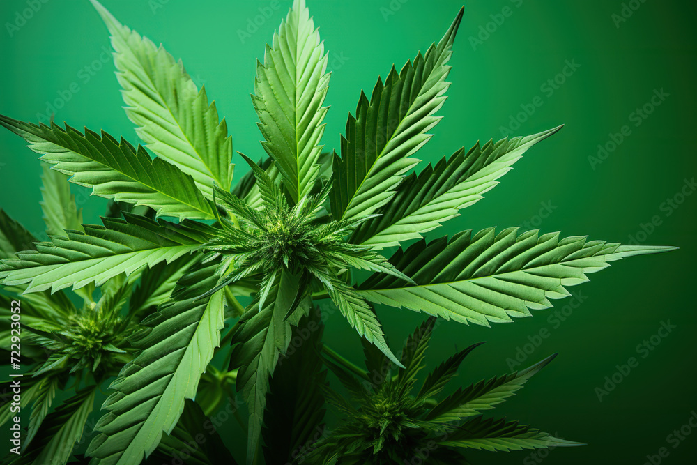 medical marijuana cannabis leaves on green background
