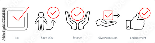 A set of 5 Checkmark icons as tick, right way, support
