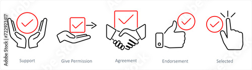 A set of 5 Checkmark icons as support, give permission, agreement