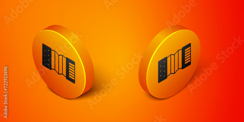 Isometric Musical instrument accordion icon isolated on orange background. Classical bayan, harmonic. Orange circle button. Vector