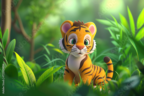 Cute 3d cartoon tiger in forest