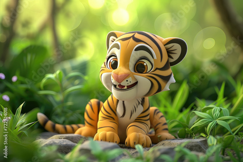 Cute 3d cartoon tiger in forest