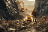 Miner man professional mining worker working in the mine. Excavation operation with work clothes and hard safety helmet.